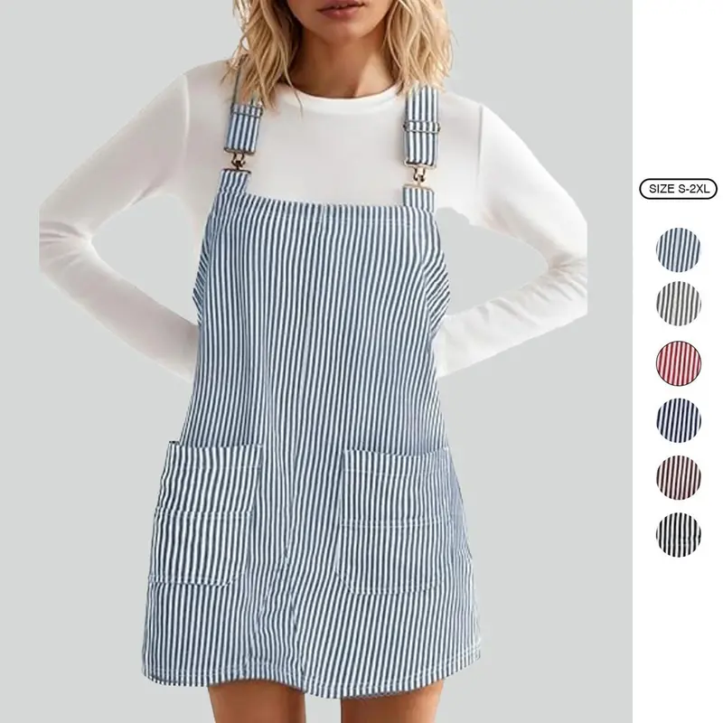 Imily Bela Womens Casual Denim Dress Summer Striped Overalls Romper Adjustable Straps Sleeveless Jean Dresses with Pockets
