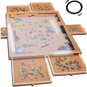 1500 Piece Rotating Puzzle Board with Drawers and Cover - Sturdy Jigsaw Puzzle Table with 6 Drawers 26" x 35" - Portable Puzzles Boards with Lazy Susan, Wooden, Spinning Puzzles Accessories