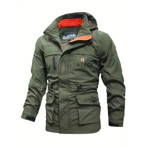 Men'S Navy Blue Outdoor Windbreaker Jacket with "ROUGH STUFF" Print - Adjustable Hood, Zippered Pockets, Polyester Lining, Casual Sports Jacket for Outdoor Activities, Outdoor Clothing | Adjustable Hood Jacket | Polyester Jacket