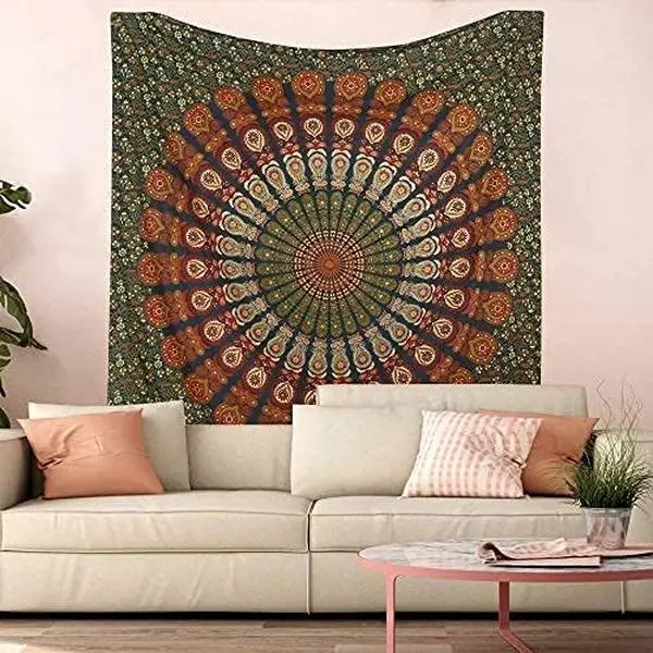 cxfwellBless International Handmade Rectangular Indian Boho Mandala Tapestry - King Size (88x104in/225x265cm), 70s-Inspired Hippie-Psychedelic Peacock Screen Print, Easy to Clean, Machine Washable, College Dorm & Wedding Home Decor, Hemmed Edges, School,,