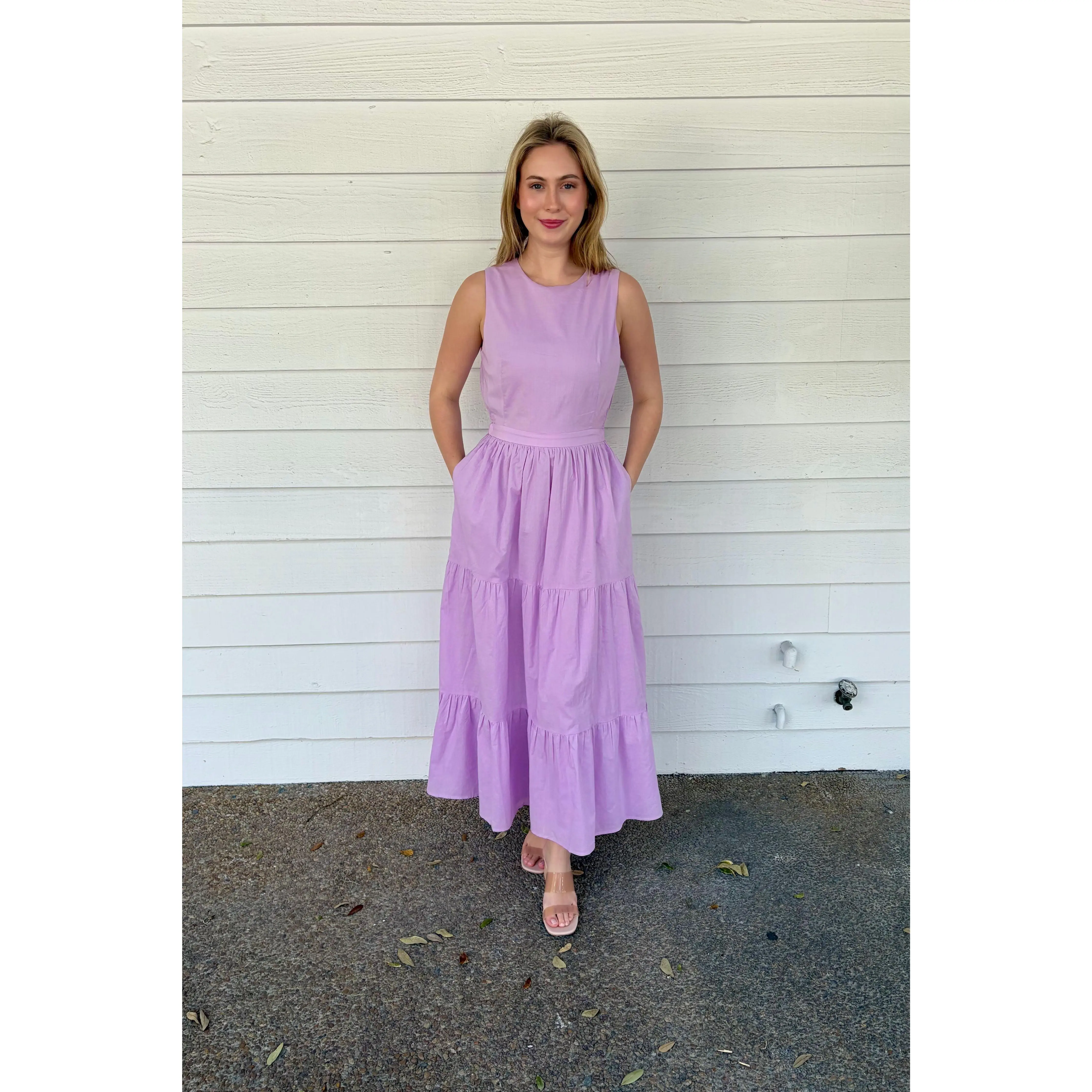 Lavender Haze Lavender Sleeveless Midi Dress with Tiered Skirt and Pockets
