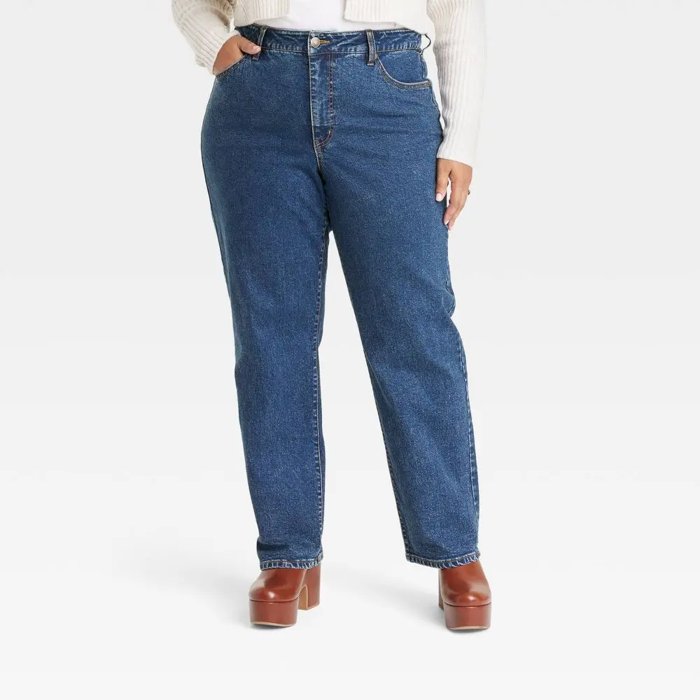 Ava & Viv Women's High-Rise Straight Leg Denim Jeans - Spandex Blend, Belt Included, Button Closure, Basic Garment for Blouse Matching, Essential Women's Bottoms Pieces, Blouses, Cotton
