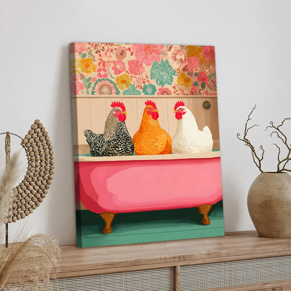 1pc Wooden Framed, Funny Chickens in the Bathtub Art Print, Colorful Chicken Wall Art Animal Poster, Colorful Farmhouse Wall Art Canvas Painting, for Bedroom, Office, Living Room, Home Decor