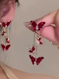 Elegant Butterfly Pendant Dangle Earrings with Sparkling Crystal Fringe, Perfect for Daily Wear and Evening Events, All Seasons