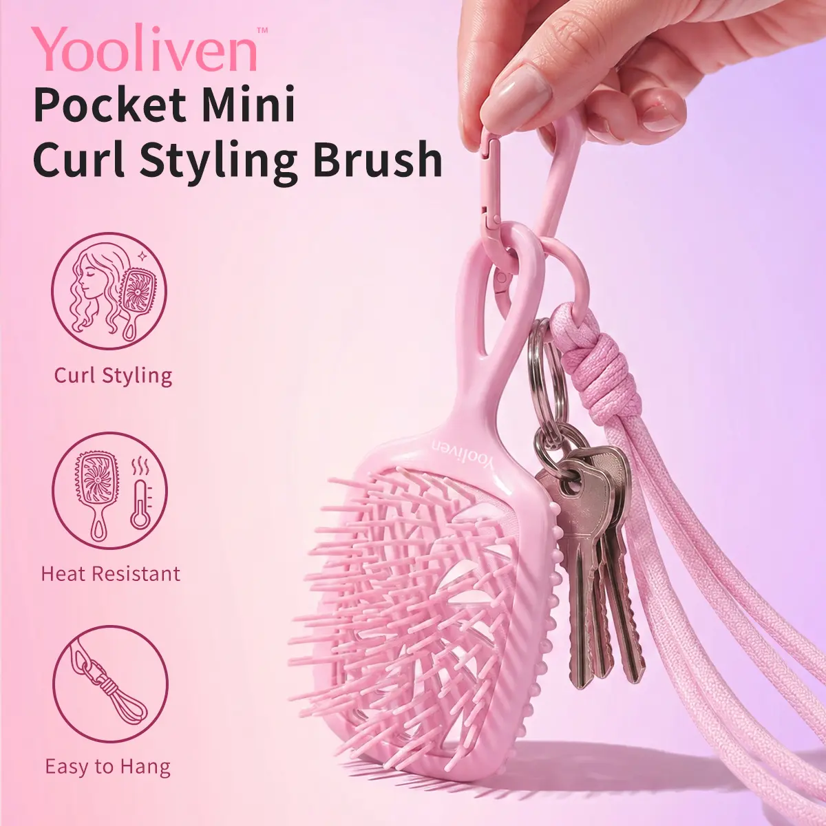 Yooliven Compact Mini Curl Styling Brush with Hanging Loop, Gentle Detangle Lightweight Vent Hairbrush for Curly Hair & Wavy Edges, On-the-Go Travel Brush & Women’s Bag Charm Purse Accessory comb