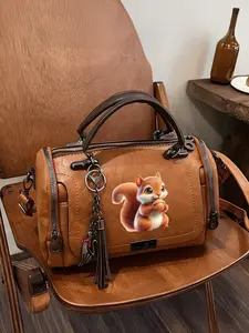 Cute squirrel carrying a nut cartoon character Boston bag tote bag, large capacity, can be worn crossbody or as a handbag, casual and versatile, suitable for daily commutes, travel, and shopping, perfect gift.