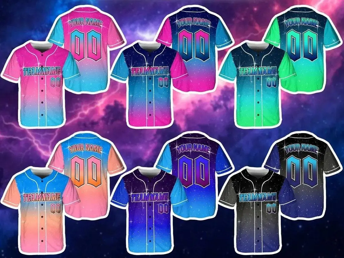 Custom Neon Galaxy Gradient Baseball Jersey Cosmic Look, Personalized Giant Jersey for Team Building