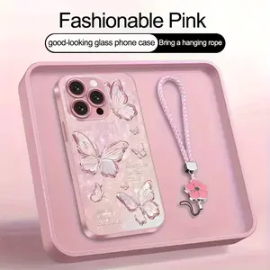 Xin Ping Shang Xin Bright Diamond Butterfly Series Metal Paint Glass Phone Case with Lanyard for iPhone 16/16Plus/16Pro/16ProMax/15/15Plus/15Pro/15ProMax/14/14Plus Cute Couple Style Simple Lightweight Business Personality Protective Case
