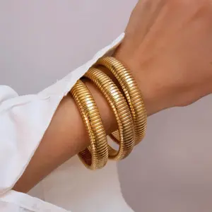 Bangles for Women Set of 3 Chunky Stretch Bangles Bracelets 24K Plated Stainless Steel Bracelets Flexible Wide Stack Bracelets Designer Look Alike Jewelry for Women