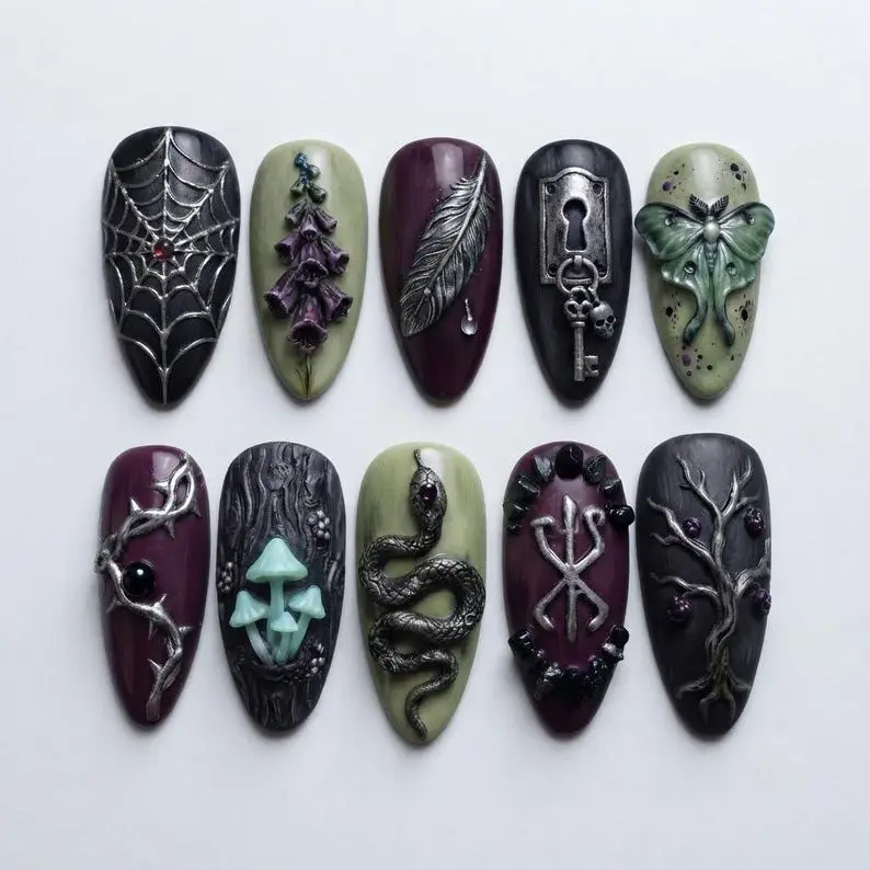 Dark Woodland Press On Nails | Gothic Forest Nails | Snake Mushroom Spider Web Moth | Witchcore Handmade Almond Fake Nails