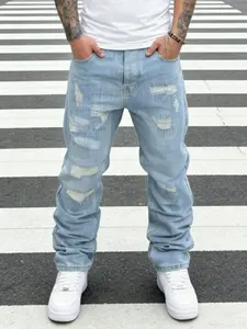 SRETOUU Men's Hip Hop Distressed Ripped Baggy Jeans Vintage Light Wash Men Streetwear Straight Denim Pants Menswear