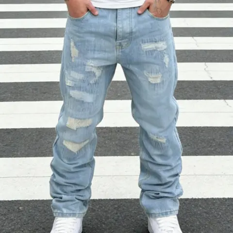 SRETOUU Men's Hip Hop Distressed Ripped Baggy Jeans Vintage Light Wash Men Streetwear Straight Denim Pants Menswear