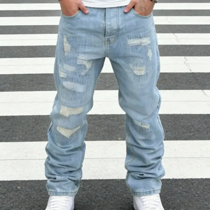 SRETOUU Men's Hip Hop Distressed Ripped Baggy Jeans Vintage Light Wash Men Streetwear Straight Denim Pants Menswear