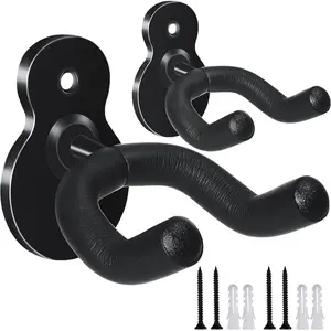 Guitar Hanger Wall Mount 2 Pack Hook Metal Holder Black for Acoustic Electric Bass Guitars Ukulele and More Instruments