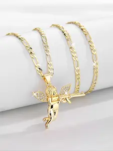 Elegant Angel Cupid Pendant Necklace, Angel Wing Necklace, Brass Plated 14k Love Charm Jewelry, Couple Holiday Gift, All Seasons