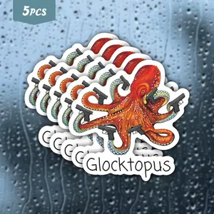 5Pcs "Glocktopus" Octopus With Guns Waterproof Vinyl Sticker, Funny Punny Octopus Self-Adhesive Decal, Suitable For Water Bottles, Laptops, Journals, Ideal For Octopus Lovers, Pun Fans And Funny Vibe Enthusiasts