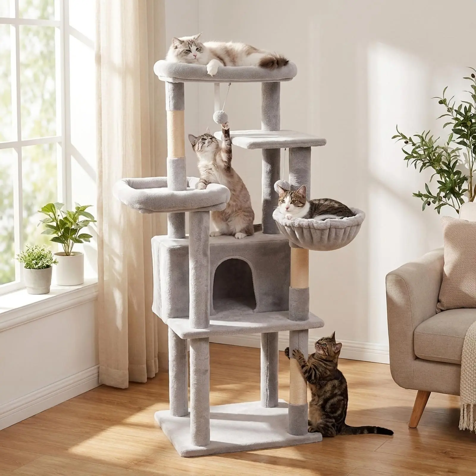 VOWNER Modern Multi-Level Cat Tree with Natural Sisal Scratcher, Vertical Scratcher, Anti-Tip Strap, Durable Space-Saving Cat Scratching Post for Claw Sharpening, Indoor Pet Furniture Gift for Pet Owners