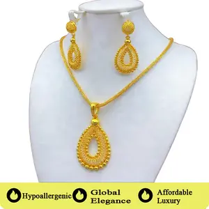 Women's 18K Gold-Plated Filigree Teardrop Jewelry Set - Woven Mesh Snake Chain Necklace, Matching Drop Earrings, Luxury Bridal & Daily Wear Costume Jewelry for Arabic Women