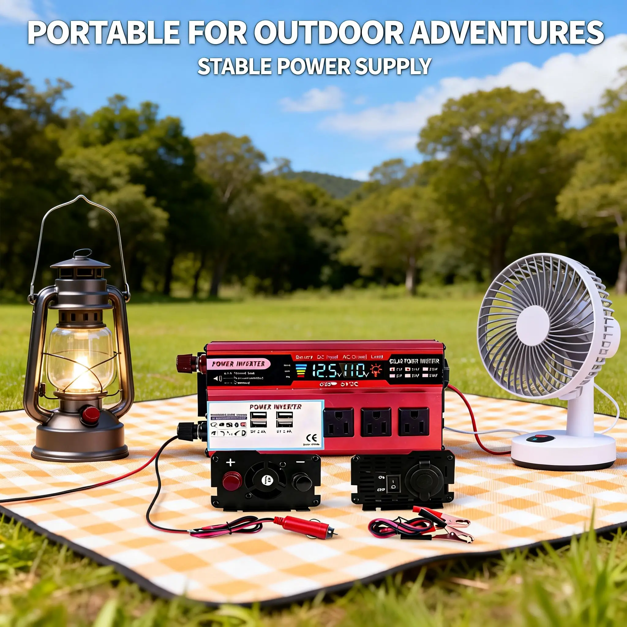 5000W Peak Car-Mounted Power Inverter, DC 12V to 110V AC Voltage Transformer, LED Voltage Monitoring Screen, 3 AC Outputs, Dual 2.4A USB Ports, Car Plug & Battery Clamps Included for RV Living, Camping, Blackout Prep