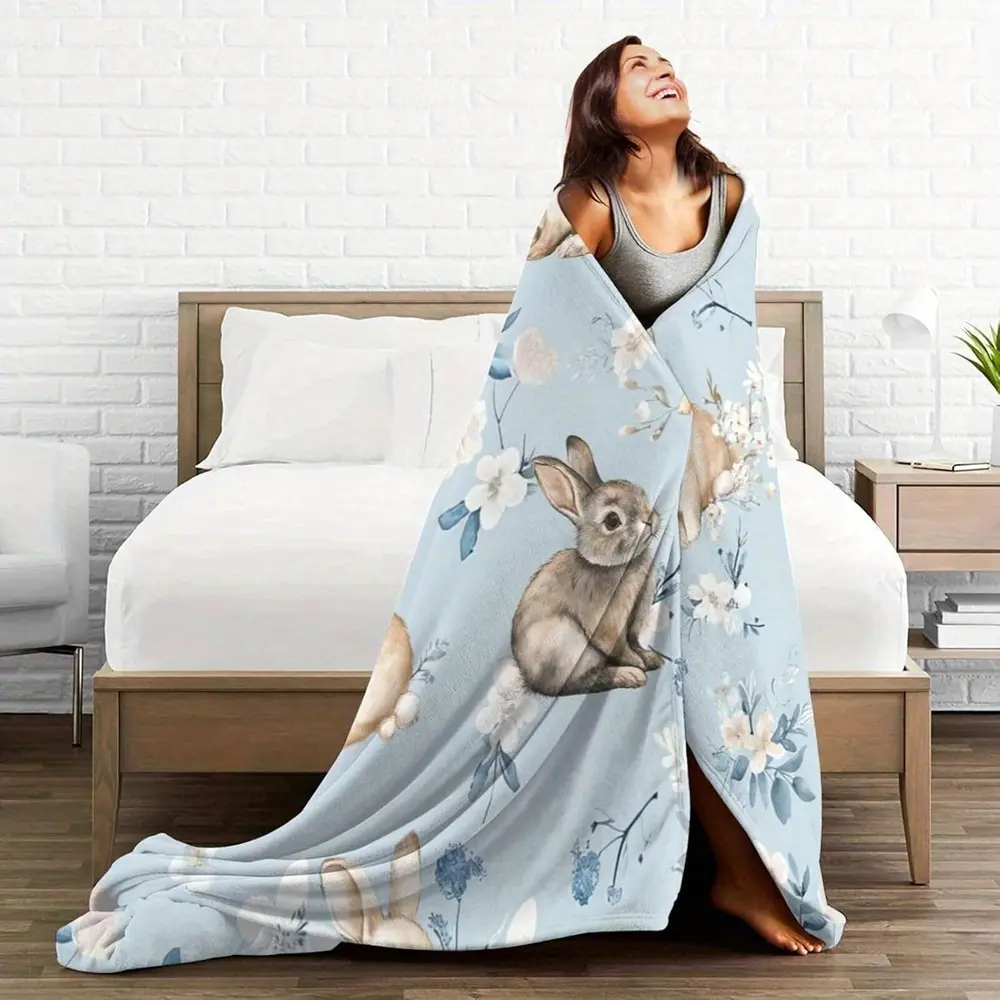 Retro Vintage Animal Theme Bunny Print Flannel Throw Blanket - 280GSM Super Soft Warm Fluffy Plush, Single-Sided Printed Multipurpose Adorable Style Animal Artwork Fluffy Blanket for Girls’ Room Decor, Ideal Gift, Fluffy Blankets, Adorable Style Blankets