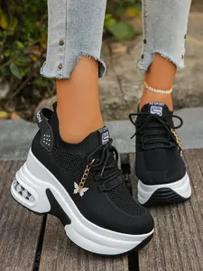 🦋Unisex Wedge Platform Hidden Heel Sneakers Flyknit Hollow Mesh Breathable Lightweight Non-Slip Slip-On Shoes Petite Friendly Elegant All-Match Couple Style