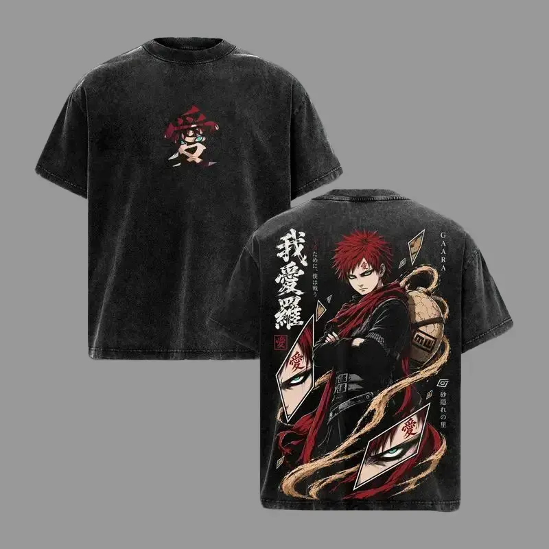 Men's Short-Sleeve Oversized Heavyweight Crewneck Tshirt - Naruto Gaara Sand Village Double-Sided Anime Graphic, Vintage Washed Unisex Grunge Streetwear, Gift For Anime Fans, Outdoor Everyday Wear