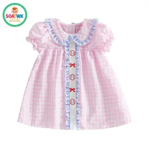 Toddler Baby Girls Plaid Dress Fashionable Doll Collar Baseball Embroidery Short Bubble Sleeve Dress
