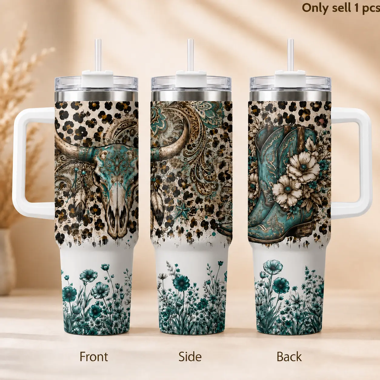 40 oz Tumbler with Handle and Straw, Western Cow Skull and Cowboy Boot Printed Insulated Tumbler, Stainless Steel Travel Tumbler, Large Capacity Water Cup for Women, Cowgirl, Office