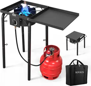 ROVSUN Single Burner Propane Gas Stove with Side Shelves & Carrying Bag, 100,000 BTU Portable Stove with Removable Legs & Regulator for Camping Home Backyard Cooking Brewing Canning Turkey Frying