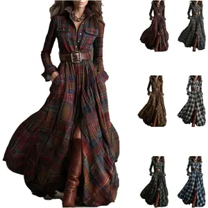 Plaid Maxi Dress for Women Vintage Western Long Dress Fall Plaid Button Down V-Neck Long Sleeve A Line Dresses