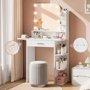 Lighted Makeup Vanity Desk, 34.25" Vanity Mirror with Lights and Power Outlet, Large Drawer, Foldable Shelf, 6 Storage Organizer, 3 Lighting Modes White Dressing Table