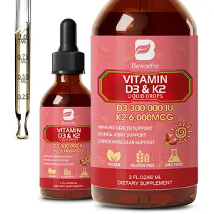 Vitamin D3 K2 Liquid Drops,10,000 IU D3 & 200Mcg K2 per Serving, Support Bone, Heart, Joint, 2 fl oz