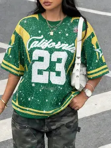 Women's Loose Fit California 23 Glitter Basketball Jersey, Street Style Top, Y2K Atmosphere, Casual Sports Wear, Youth Fashion