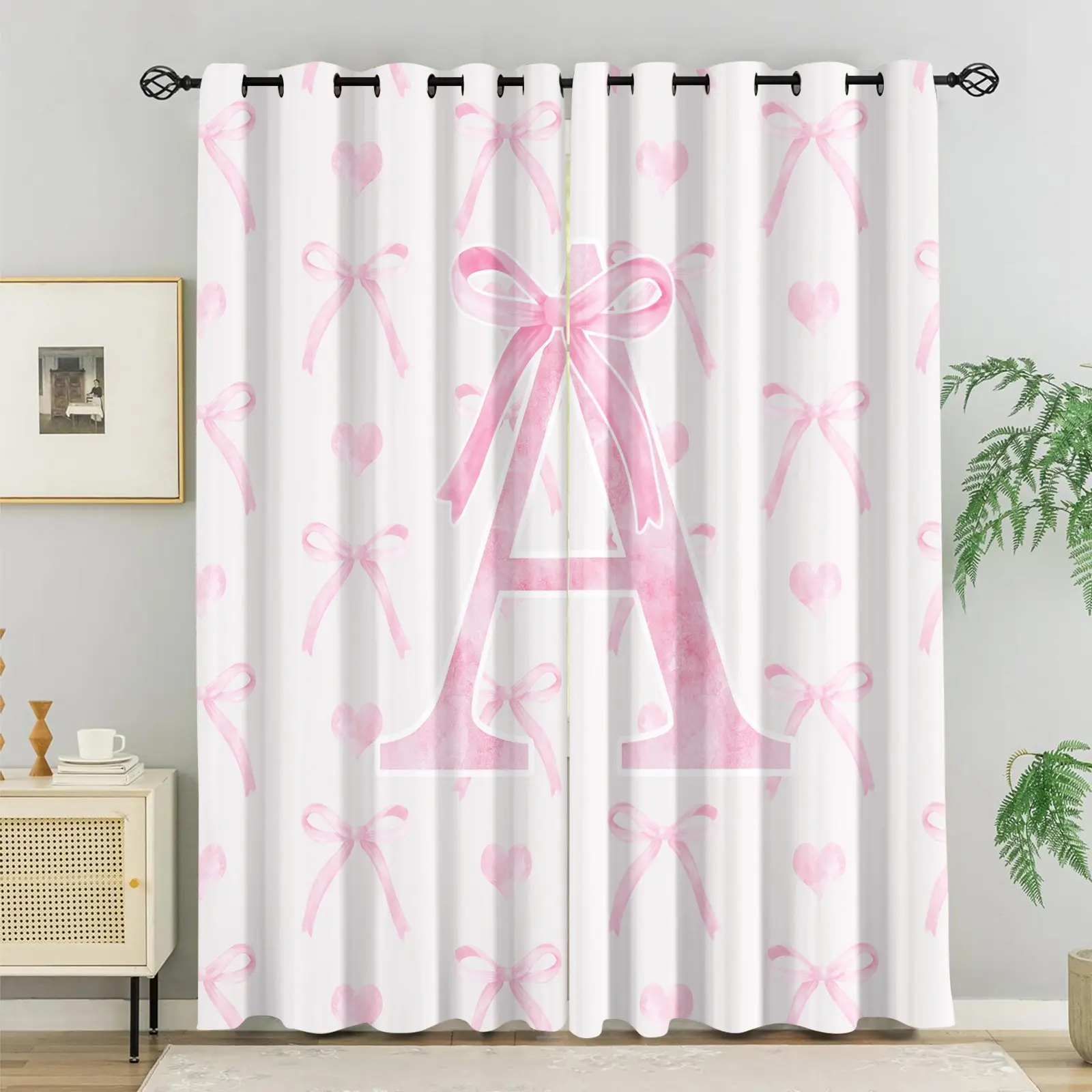 Coquette Pink Bow Initial Letter A-M Curtains for Living Room - Soft Pastel Girly Window Curtains with Watercolor Bow & Heart Print,Decorative Curtains for Bedroom,Nursery & Teen Girl Dorm,Perfect Coquette Aesthetic Room Decor