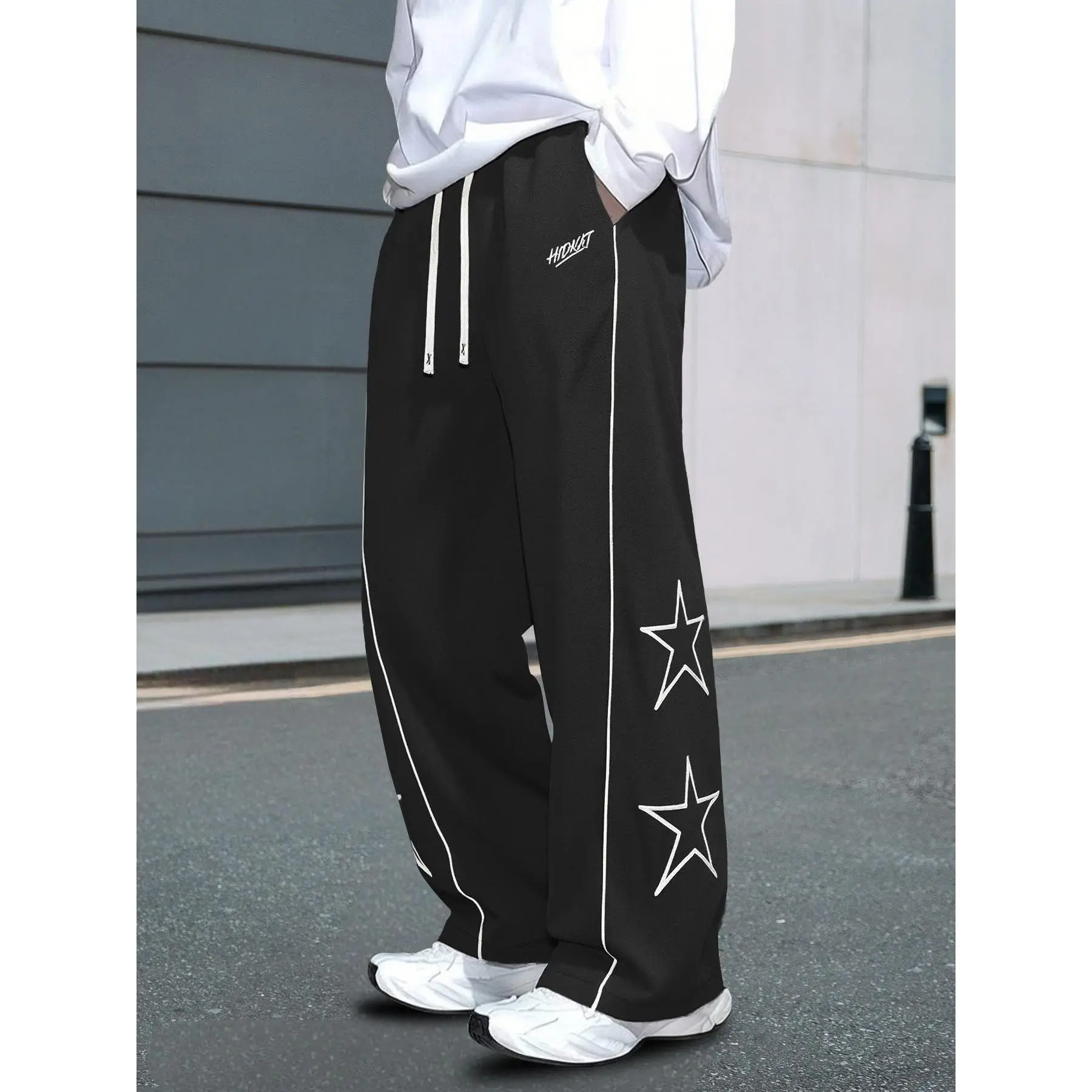 Men's Black Wide-Leg Track Pants - Modern, Monochromatic, Tailorless, Athleisure, Mix-and-Match Men's Bottoms with White Star Print, Side Stripes, Elastic Waist with Drawstring, Lightweight Fabric for Streetwear, Skateboarding, Modern Men's Pants, Monochr
