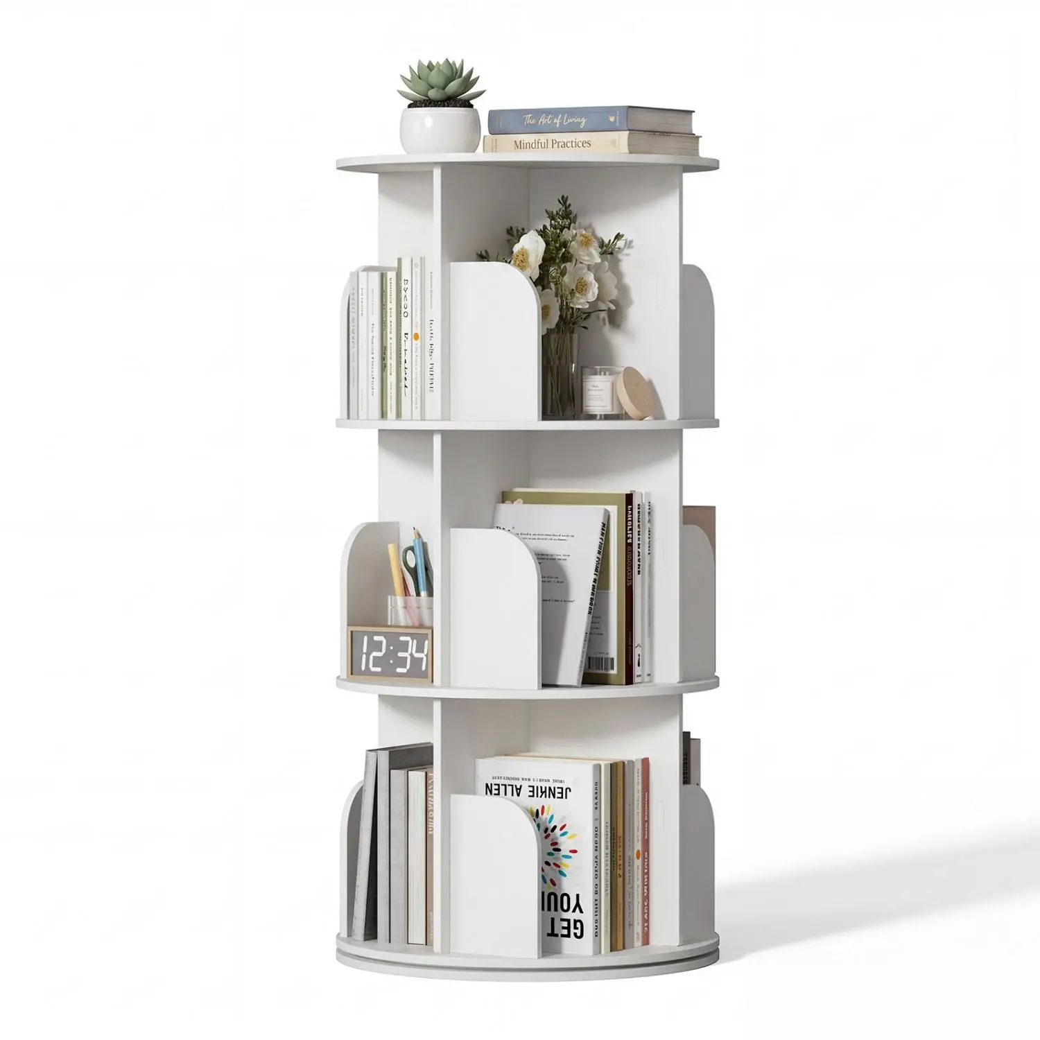 3 Tier Rotating Bookshelf, Wood Corner Bookshelf, 360 Display Spinning Bookcase Storage Rack, Floor Standing Revolving Bookcase Narrow Book Shelf Organizer for Small Space, Bedroom, Living Room