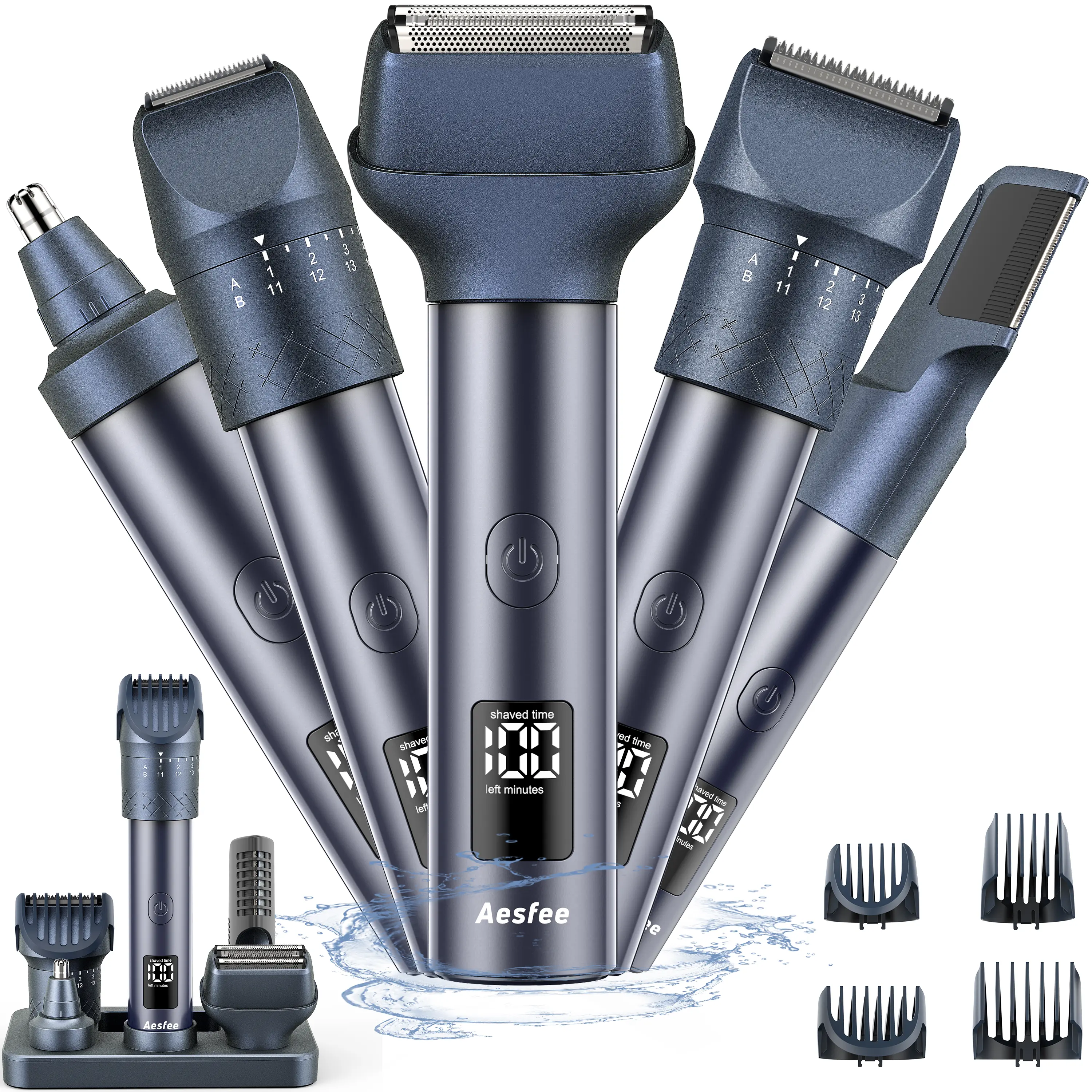 Aesfee 5-in-1 Beard Trimmer Kit for Men, Durable & IPX7 Waterproof Grooming Set for Bald Head & Home Haircut, with Adjustable Dial, Rechargeable Dock, 8.27 x 1.77 x 1.18 inches