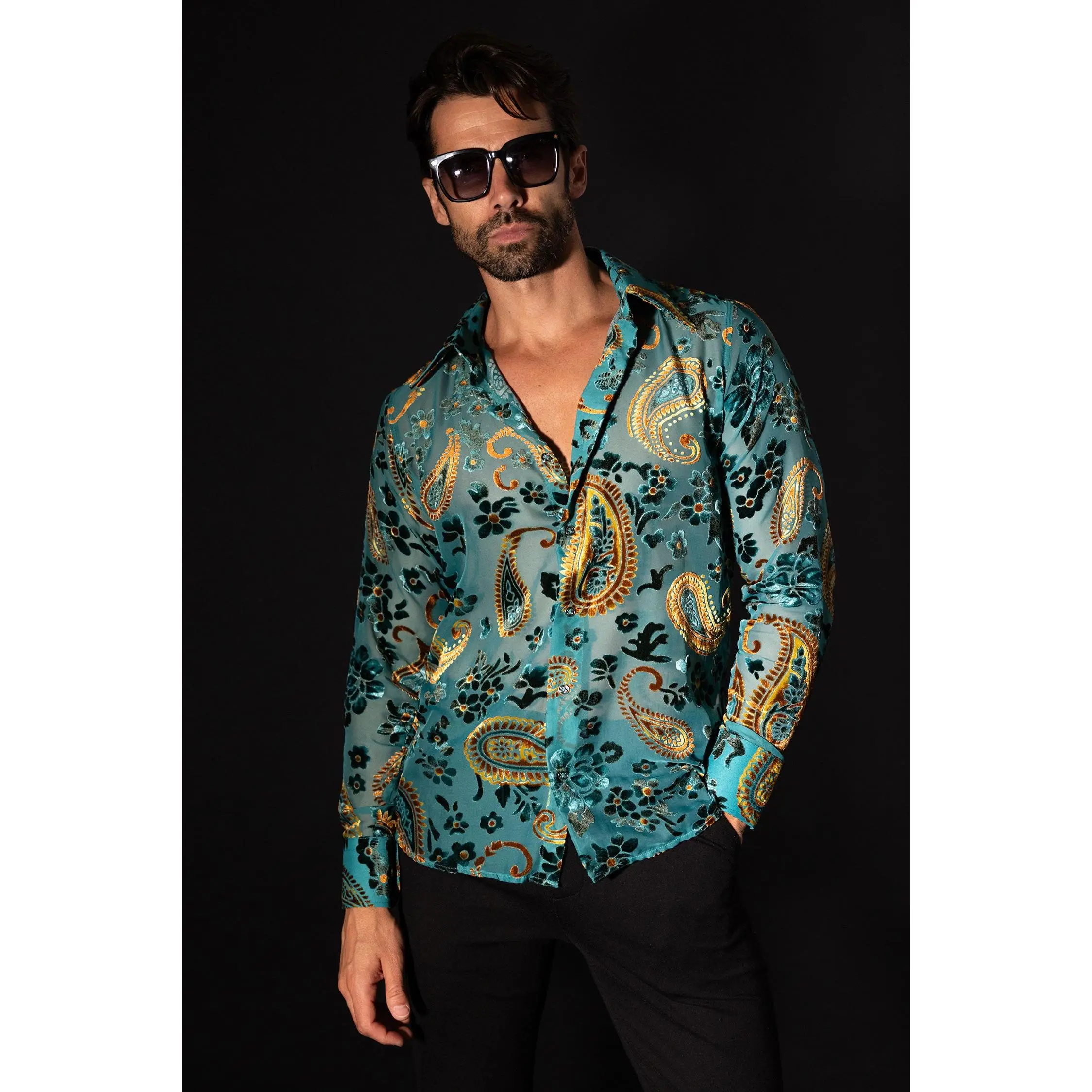 Barabas Men's Paisley Floral Design Long Sleeve Shirt - Fitted, Button-Up, Dry Clean Only, Original Barabas Design Fabric Menswear Polyester Sheer with Rhinestones - Top Vneck