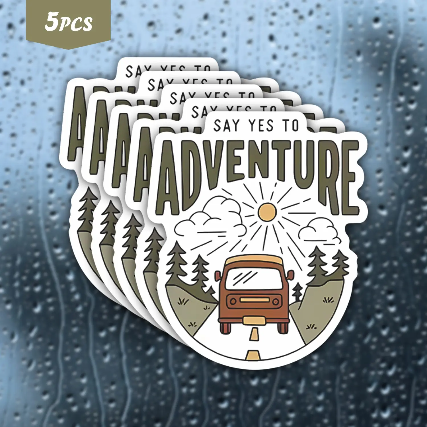 5Pcs "Say Yes to Adventure" Vintage Van Road Trip Waterproof Vinyl Sticker, Retro Outdoor Adventure Self-Adhesive Decal, Suitable For Water Bottles, Laptops, Journals, Ideal For Travel Lovers, Van Life Enthusiasts And Retro Aesthetic Fans, Scrapbooking