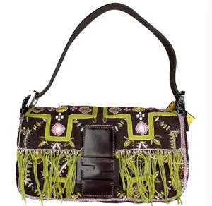 Pre-owned FENDI Canvas & Leather Shoulder Bags Brown Canvas Mirrored Beaded Fringe Leather Baguette Shoulder Purse