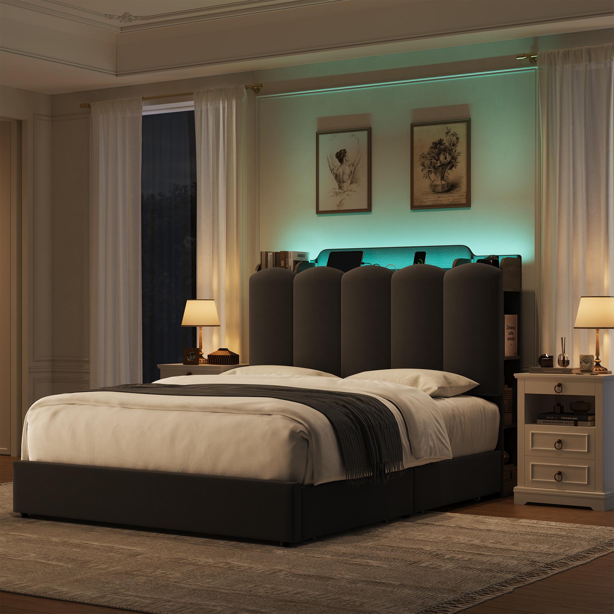 HOSTACK Full Size Upholstered Platform Bed Frame - Velvet Fabric, No Mattress/Box Spring Needed, Headboard with Outlets (USB, Type-C), Storage Drawers, Shelves, LED Lights, Charging Station, Easy Setup, Modern Indoor Furniture, Platform Bed Design