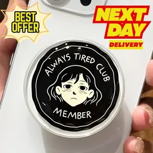 Always Tired Club MagSafe Phone Grip, Magnetic Pop Socket Kickstand, Kawaii Anime Black White Phone Holder Cute Gift for Tired Souls
