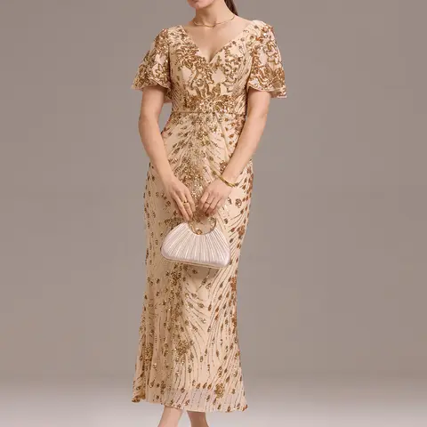 Ever-Pretty 2026 Women's Sequin-Embellished Midi Corset Dress - V-Neck, Short Flounce Sleeves, Slim-Fit, Elegant Style, Photoready Sparkle, Flounce Sleeve Fun, 1-Piece Cocktail Formal Evening Dress 02370