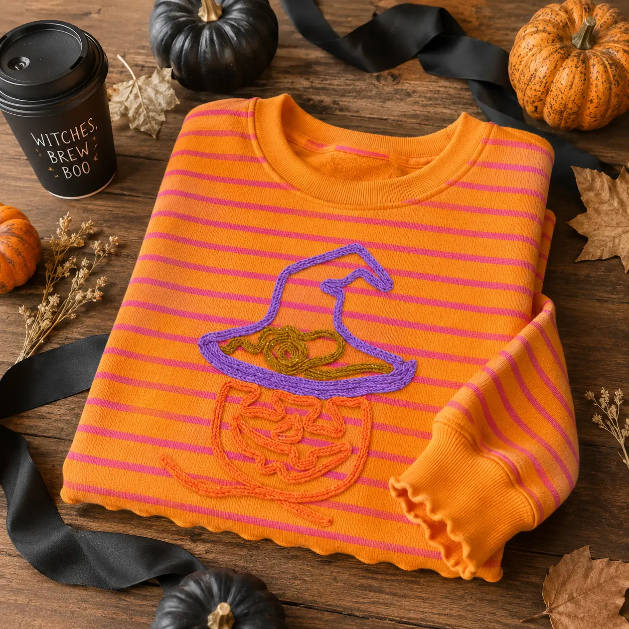 Mustard Halloween Sweater for Women, Textured Pumpkin Witch Hat Knit Top