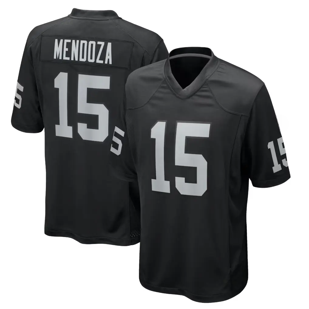 Full Print LV Raider White/Black Mendoza #15 Football Jersey, Men's Breathable V Neck Short Sleeve Athletic Shirt, Team Game Uniform, Sports Fan Apparel, Unisex Gift for Football Fans