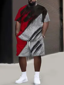 Men's Plus Size Sportswear All Seasons Set, Round Neck Short Sleeve Tee & Shorts, Full Print Design, Comfortable Breathable Summer, Athleisure Wear Set