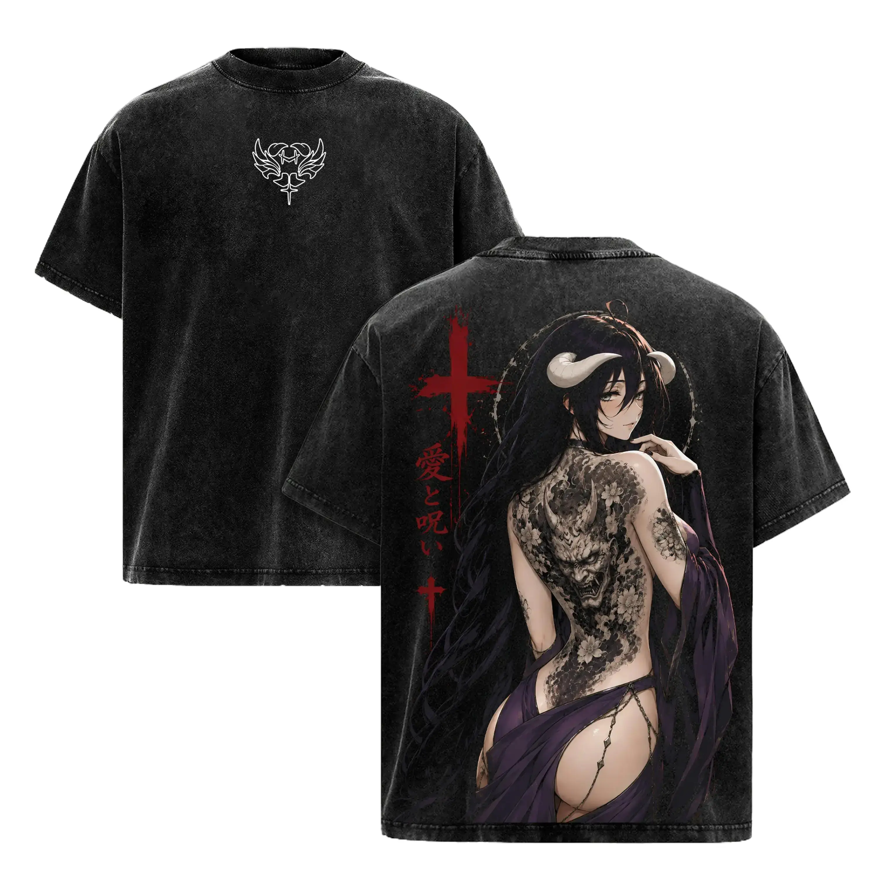 Albedo Overlord Vintage Washed Tee, Albedo Overlord Japanese Irezumi Gothic Blackwork Tattoo Art, Dark Fantasy Succubus Queen Anime Double Printed Washed Tee, Unisex Oversized Manga Heavyweight Cotton T-Shirt