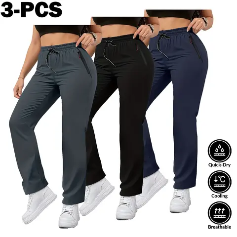 Women's 3-Pack Polyester Quick-Dry Activewear Jogger Pants - Breathable, Casual Loose Fit, Athleisure Style Women's Pants Multi Pack for Workout, All Seasons Use,sohochic