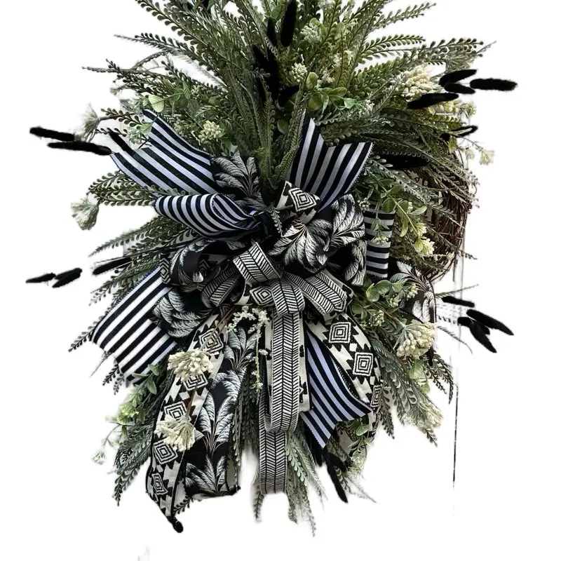 Door Jewelry by Tammy Wreath-Boho Everyday Grapevine Wreath 24"Wx28"Lx8"D with Black & White Striped Bow and Greenery Design