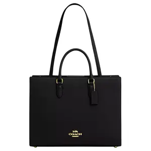 Coach Maggie 36 Leather Tote Bag with Logo Magnetic Closure – Unisex Large Shopping Handbag in Black